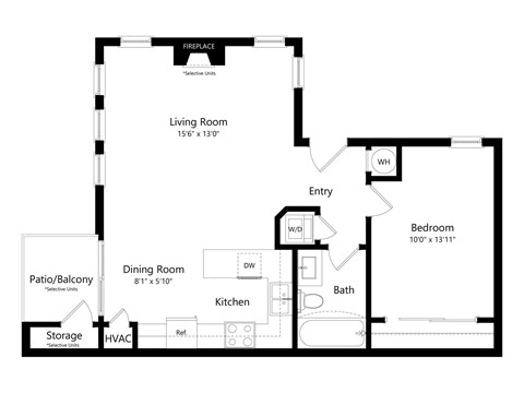 A floor plan of a home with a living room, dining room, kitchen, and bathroom.